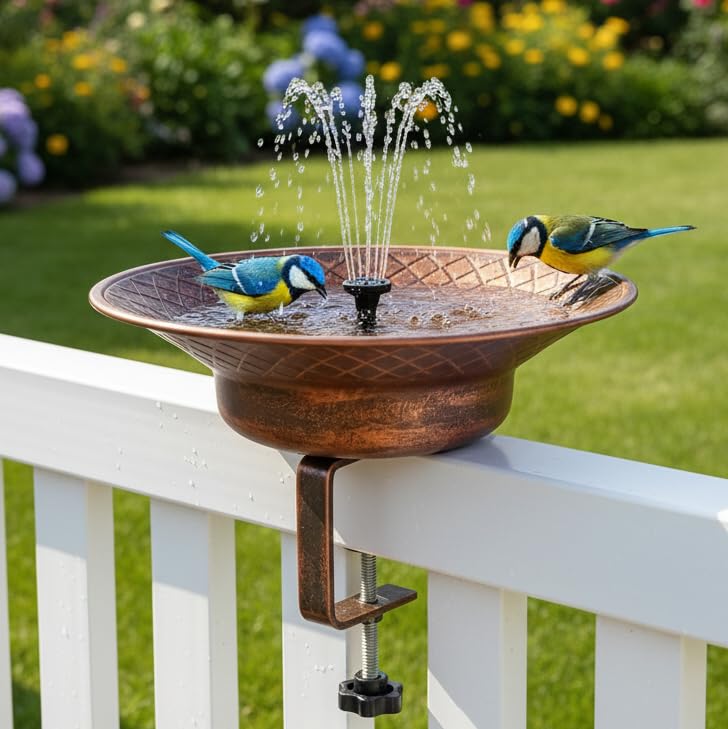12.6" Deck Mounted Bird Bath for Outside, Metal Solar Powered Bird Bath | Bird Bath Fountain with Heavy Duty Railing Clamp for Balcony Fence, Detachable Deck Bird Bath for Garden - color: Bronze