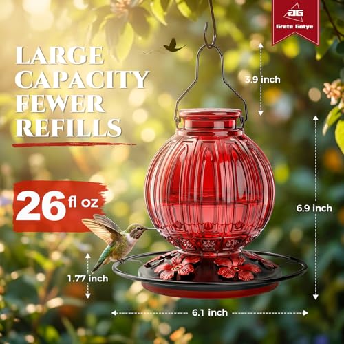 2 Pack Glass Hummingbird Feeder for Outdoors Hanging, Bird Nectar Feeder with Perch & 5 Flower Feeding Ports, 26 Oz Leak Proof for Outside Garden Decor Backyard, Gifts for Women Mom, Red + Pink - color: Red + Pink