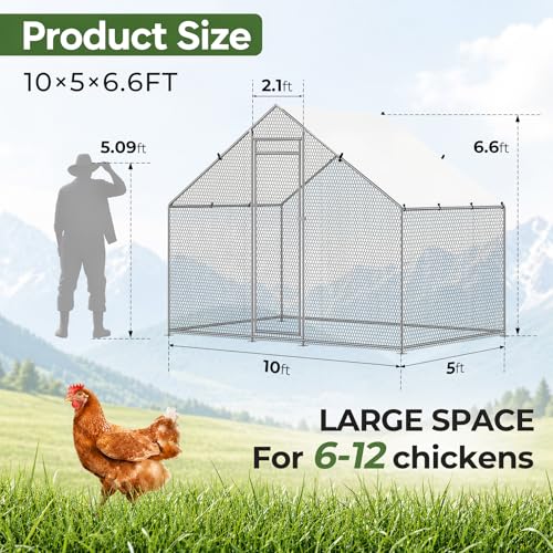 Large Chicken Coop Metal Walk-in Run 10' x 5' x 6.6', Heavy Duty Galvanized Steel Cage with Waterproof Cover, Secure Lock, Outdoor Pen Enclosure for Hens, Ducks, Rabbits - size: 120.0"L x 60.0"W x 79.0"H