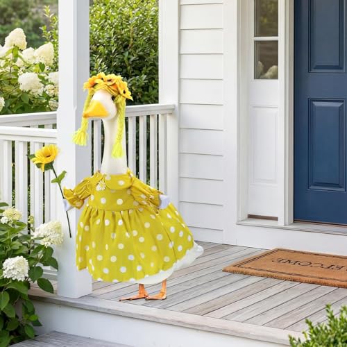Summer Porch Goose Outfits for 23 Inch Lawn Statue | Polka Dots Sunflowers Costume for Plastic/Cement Statue, Spring Duck Sculpture Clothes for Yard Patio Party Decoration