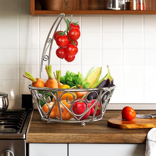 Simple Houseware Fruit Basket Bowl with Banana Tree Hanger, Chrome Finish - color: Chrome
