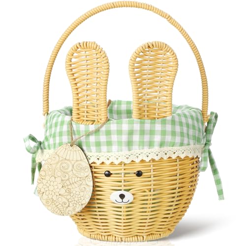 DoubleFill 1pcs Wicker Easter Basket Wicker Picnic Basket with Tag Empty Rattan Bunny Basket with Handles & Liner Willow Hamper Basket for Eggs & Candy Storage Fruit(Green Plaid) - color: Green Plaid