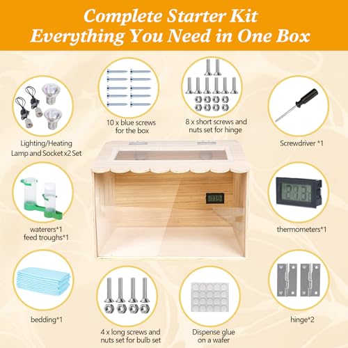 Wooden Chick Brooder Box Kit with Adjustable Dual Heater & Thermometer, Poultry Hatching Enclosure with 10 Pads, Feeder, Waterer - Natural Wood Brooder Heater for Baby Chicken, Quail, Ducklings