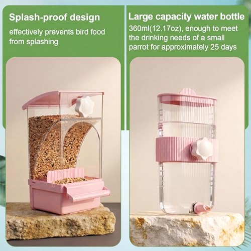 Novabright No Mess Bird Feeder Water Dispenser Set, Automatic Transparent Bird Food Container and 12 oz Automatic Water Feeder for Small Birds Parrot, Cockatoo, Canary, Cage, Lovebird, Budgies (Pink) - color: Pink