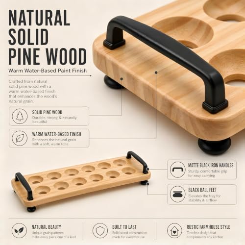 Wooden Egg Holder for Countertop, 12 Eggs Farmhouse Storage Tray | Natural solid pine wood, waterproof coating, rustic countertop egg storage display, black iron handles with ball feet