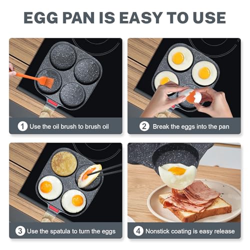 4‑Cup Nonstick Egg Pan Set with Lid – Aluminum Omelette Skillet for Breakfast, Includes Silicone Scraper, Oil Brush, Chopsticks & Cleaning Cloth – Compatible with Gas & Induction Cooktops (Black) - color: Black