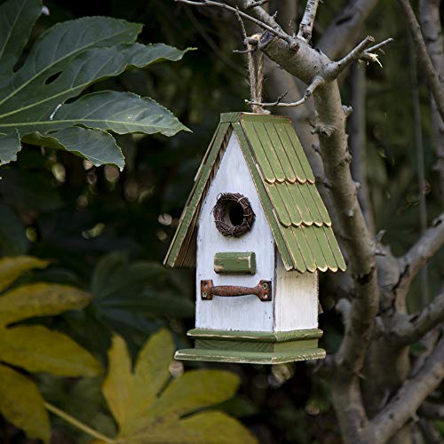 Glitzhome 10.25" L Hanging Birdhouse Green White Roof Wooden Garden Bird House for Outdoor - color: Green White