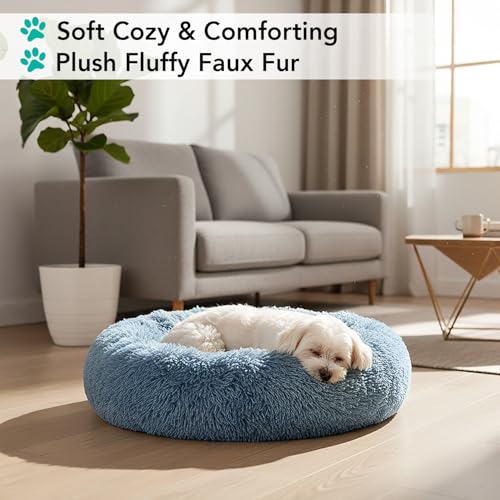 PetAmi Calming Donut Dog Bed, Washable Faux Fur, 23 Inch Small, Blue | Warm Shaggy Faux Fur and A Deep Nest Help Anxious Pets Curl Up and Sleep Soundly. Perfect for Puppies, Cats, and Rescues. - color: Dusty Blue, size: Small - 23"