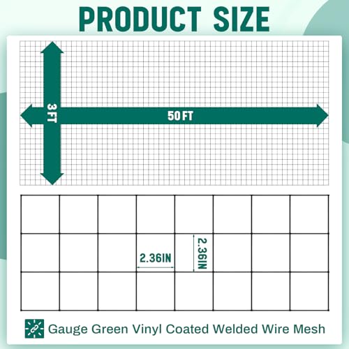 Gisafai 16 Gauge Galvanized Welded Wire Fence 3 ft x 50 ft PVC Coated Hardware Cloth, 2.36" x 2.36" Mesh, Heavy Duty Garden Fencing Roll for Yard Chicken Dog, Deer Cattle & Animal Protection(Black) - color: Black, size: 3 ft X 50 ft