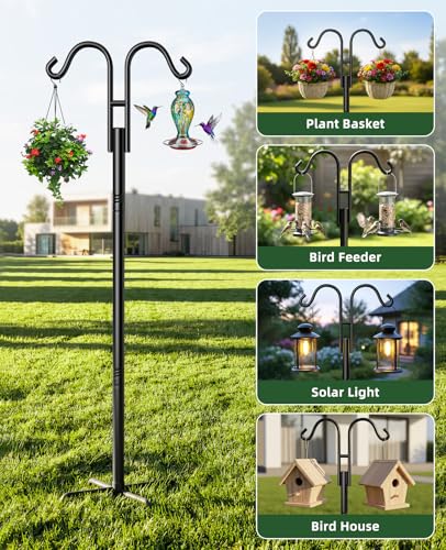 Shepherds Hooks for Outdoor Plant Hanger Hummingbird Feeders for Outdoors | Double Shepherds Hooks ,86 Inch Bird Feeder Pole, Thick Heavy Duty Bird Feeder Stand with 5-Prong Base,Solar Light,7 Pack - size: 76inch