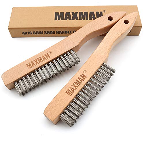 MAXMAN Wire Brush, Heavy Duty Stainless Steel Wire Brushes for Cleaning Rust, Grill Brush, Steel Brush for Paint Removal, Welding, Stiff Bristle Metal Brush with 10" Long Beech Handle, Large, 2Pcs - style: 2Pcs Stainless Steel Brushes