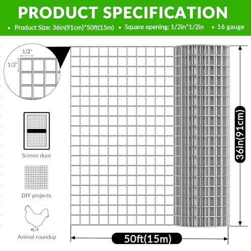 Welded Wire Fence 1/2‘’x 1/2‘’ 36in x 50 ft,Vinyl Coated Welded Wire Mesh Roll,16GA Heavy Duty Galvanized Chicken Wire Fencing, Hardware Cloth for Yard Vegetable Protection Goat & Poultry Netting - size: 36'' x 50'-16 Gauge(Silver)
