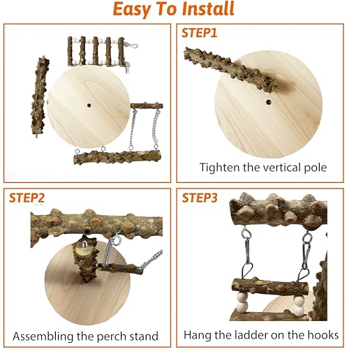 Natural Wood Parrot Play Stand, Bird Gym with Ladder and Swing, Training Station, Climbing Playground for Budgies, Cockatiels, Lovebirds,Conures Small to Medium Birds
