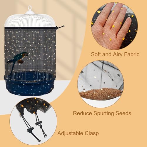 Bird Cage Seed Catcher, 45-90'' Adjustable Bird Cage Cover, Universal Nylon Bird Cage Mesh Net, Bird Cage Skirt Guard Accessories for Parrot Parakeet Macaw Round Square Cage (Black) - color: Black, size: Small