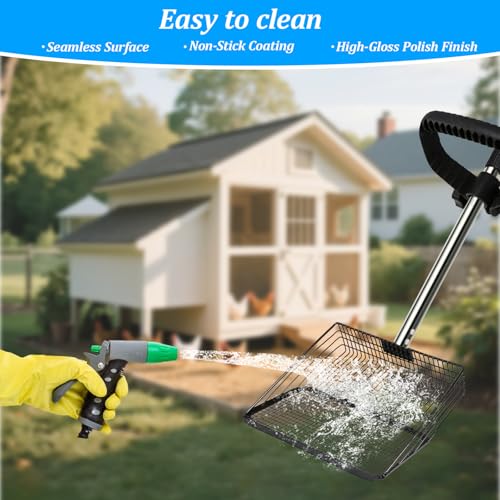 Large Chicken Poop Scooper Chicken Scooper for Poop with 37" to 75" Adjustable Stainless Steel Handle Gloves Litter Sand Sifting Shovel Cleaning Tool for Chicken Coop Goat Stall Stable - color: 10inch