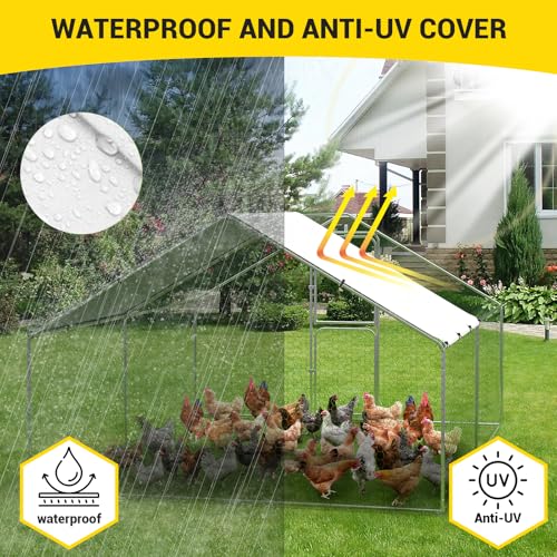 Takywep Walk-in Metal Chicken Coop, 9.8×13.1×6.6FT Galvanized Poultry Cage with Spire Roof, Waterproof UV Cover & Dual Doors, Heavy Duty Large Hen House for Backyard Farm, Suitable for Duck Quail - size: 9.8' x 13.1' x 6.6'