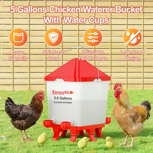 5.0 Gal Chicken Waterer Bucket with 4 Double-Layer Waterer Cups | Height-adjustable, Anti-roost Cone for Backyard Chicken Flocks - style: Waterer with Cups