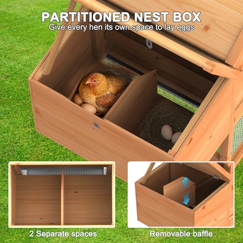 GOJOOASIS Portable Chicken Coop with Wheels & Handrail, Weatherproof Wooden Hen House, Removable Tray & Nesting Box, Ideal for Chickens, Ducks, Rabbits & Small Animals (80" Wood Top with Wheel)