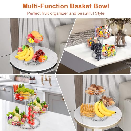 Livabber Fruit Basket Bowl with Banana Hanger, Fruit Vegetable Storage Basket with Banana Tree Holder for Kitchen Counter, Detachable Organizer for Bread Snack Produce (Chrome, 3-Tier Metal Base) - color: Chrome, style: 3-Tier Metal Base