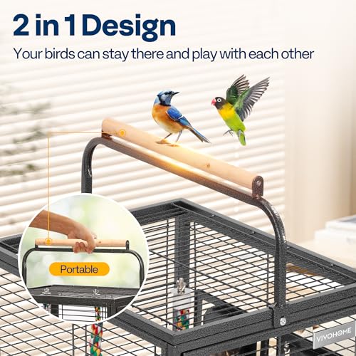 VIVOHOME 19 Inch Wrought Iron Travel Bird Cage for Cockatiel Parakeets | Bird Travel Carrier Cage with Wooden Handle/Perch, Slide-out Tray for Small Parrots Conures Lovebirds Canaries Finches, Black - color: Black