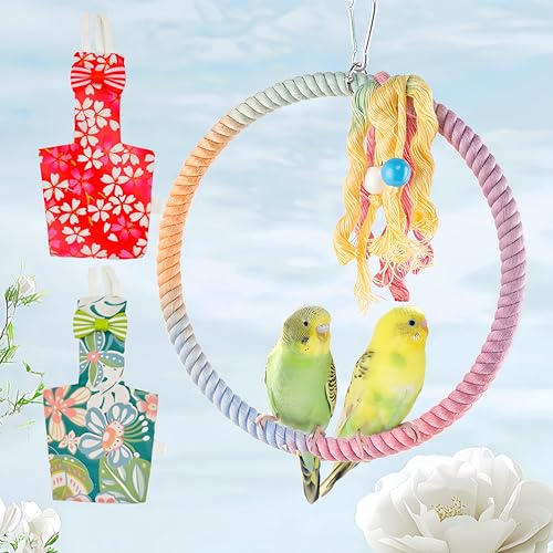 2 Pcs Bird Diapers Bird Harness Flight Suits Diapers with 80in Flying Leash Reusable Parrot Nappy with Waterproof Inner Layer for Cockatiel Budgie Conure Parakeet Lovebird-Red&Green