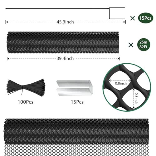 Plastic Chicken Wire Mesh Fence with Metal Stakes, 39.4in x 82ft Quick-Install Chicken Wire Fencing- Plant Protectors from Animals - Weather Resistant Garden Netting - Pet & Poultry Netting