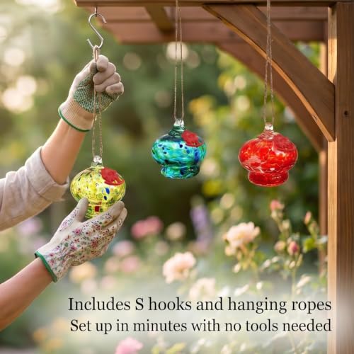 QFkris 3 Pack Small Glass Hummingbird Feeder for Outdoors Hanging | 3.2" Blown Glass Humming Bird Feeder with Flower Feeding Ports for Outside, Garden Backyard Decor, Gifts for Women - color: Multi