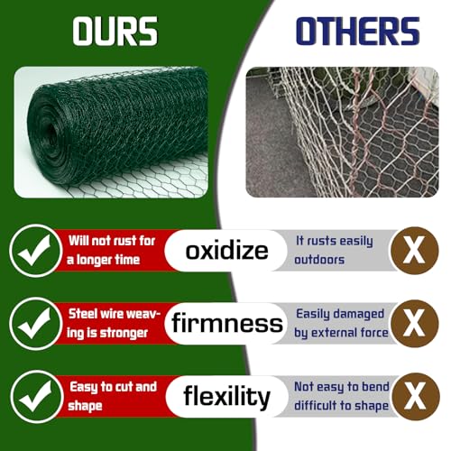 Chicken Wire 48inx150ft, Premium Chicken Wire Fencing, Chicken Wire Mesh, Green PVC Coated Metal Wire Fence, Galvanized Poultry Netting Barrier for Floral Arrangements/Craft Projects//Rabbit - color: Green, size: 48inx150ft