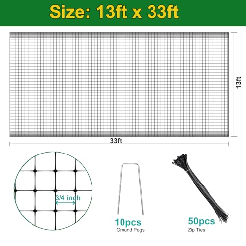 KLEWEE Bird Netting, 13 x 33 FT Heavy Duty Garden Netting | Deer Netting Fence for Plants Vegetables Fruit Trees, from Birds Deer Squirrel Animals, UV Resistant, 10 Stakes & 50 Zip Ties - size: 13 x 33 FT