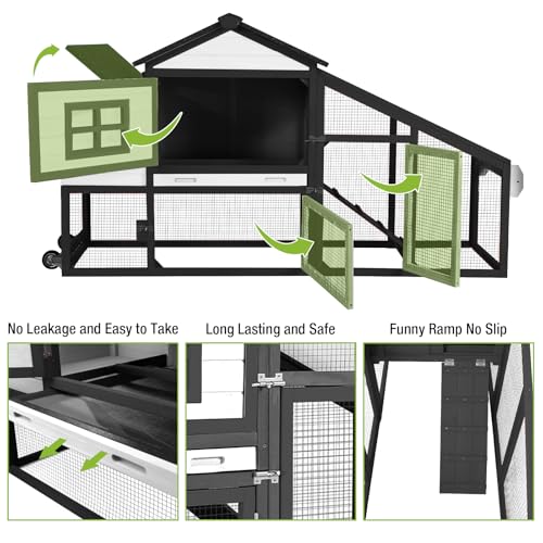 GUTINNEEN Chicken Coop Mobile Chicken House On Wheel Outdoor Rabbit Hutch for 2-4 Chickens 67"(Black and White) - color: Black and White