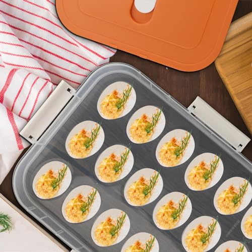 BTSKY Deviled Egg Platter with Lid, 2-Layer 36 Slots Deviled Eggs Carrier, Clear Portable Egg Holder for Fridge Reusable Deviled Eggs Tray Carton Box for Easter and Party Favor (2-Layer, Orange) - color: Orange, size: 2 Layer-Hold 36 Eggs