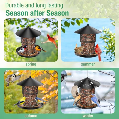 Bird Feeder for Outdoor Hanging, No Mess No Spill and Squirrel Proof Feeder | Squirrel Proof Bird Feeder with Catch Tray - Large Capacity All-Metal for Outside Hanging