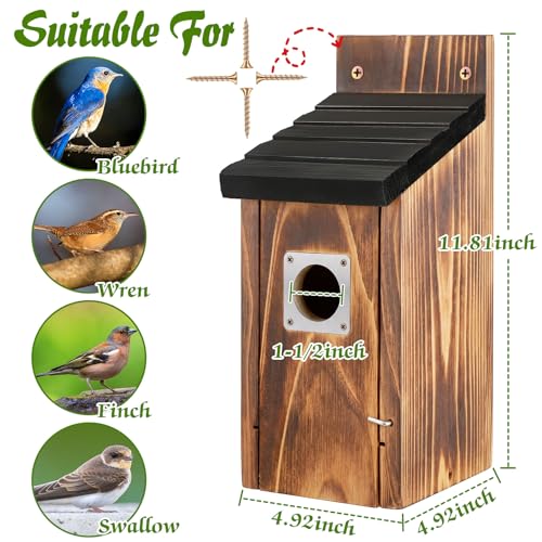 Dreyoo 2 Pack Bluebird Box Houses for Outside,1-1/2'' Entrance Hole Wooden Bird Houses with Metal Guard, Secure Latch,Fledgling Grooves,Air Vents for Bluebird Wren Swallow (Black Roof,Burnt Wood Body) - color: Black Roof,Burnt Wood Body