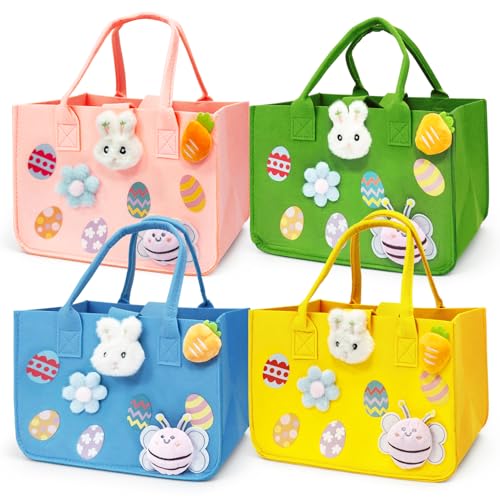 PARSUP 4PCS Easter Egg Hunt Bags Happy Easter Bunny Gift Bags with Handles, Easter Treat Bags, Felt Easter Bags for Gifts Wrapping, Egg Hunt Game, Easter Party Supplies, 12" x7.8" x6.8"