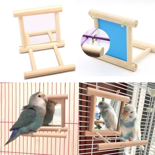 Bird Mirror Parakeet Mirror Perch Stand Wooden Swing Mirror Toy Cage Accessories for Cockatiel Parakeet Budgie Lovebird Small Parrots - size: 1 Pcs