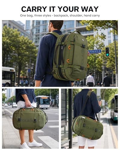 Tolaccea Travel Backpack 40-50L, 16" Laptop Carry On Duffle for Travel Work | 40-50L Expandable, TSA Approved 180° Open, 3L Wet-Dry Pocket, RPET Fabric, 3-in-1 Convertible Carrying, Detachable Waist Belt - color: Army Green