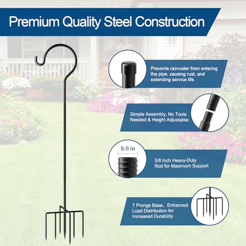 92" Shepherds Hook for Bird Feeders, 7-Prong Base Tall Garden Hook | Heavy duty 3/4" thick metal outdoor pole with 7 prong ground anchor, tall plant hanger for hummingbird feeders & lanterns - size: 92 Inch