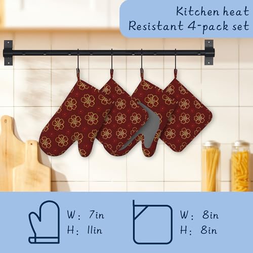 Gold Cherry Blossoms Oven Mitts and Pot Holders Sets,Extra Long Red Flowers Kitchen Mittens for Cooking,Thick Cotton Heat Resistant Silicone Cooking Utensils Set for Baking Cooking Grilling - color: Gold Cherry Blossoms