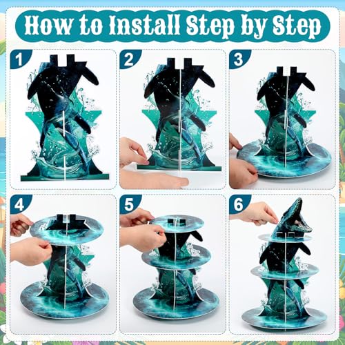 3 Tier Dinosaur Party Decorations Mosasaurus Dinosaur Cupcake Stand Decoration Mosasaurus Theme Cupcake Tower Cake Holder Table Display for Jungle Ocean Themed Birthday Party Supplies - style: Mosasaurus