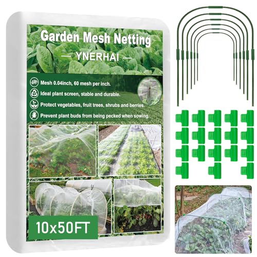 Garden Netting Kit - 10*50FT Ultra Fine Plant Netting Mesh Covers Row Net Protection For Tree Fruit Barrier Vegetable Fruits Flowers Shrubs Plant Covers (6 Pcs Garden Hoops & 18 Clips) - size: 10X50FT