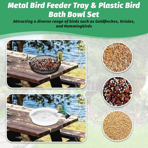 4 Pcs 7 Inch Metal Round Bird Feeder Tray and Plastic Bird Bath Bowl, Wild Birds Seed Tray Bath Water Bowl Outdoor Accessory for Humming Feeder Station (4)