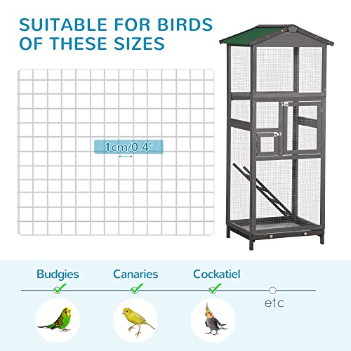 PawHut 65" Wooden Bird Cage Outdoor Aviary House for Parrot, Parakeet, with Pull Out Tray and 2 Doors, Grey | for Parrot, Parakeet, with Pull Out Tray, 2 Doors