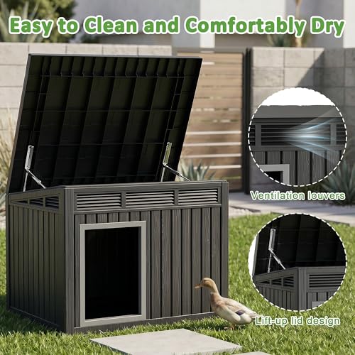 VIXZEN Chicken Coop, Resin PP Material Outdoor Duck House, Wood Grain Finish Sloped Roof Poultry Shelter, Gas Strut Top Opening Ventilated Duck Coop with Spacious Interior & Easy Assembly（Black） - color: Black, size: 42.9"L x 33.0"W x 31.6"H