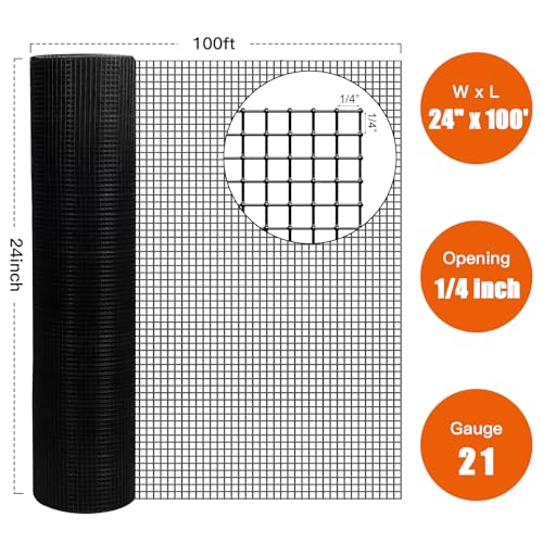 Zevemomo 24" x 100' 1/4inch Hardware Cloth, Black Vinyl Coated Chicken Wire Fence Galvanized Welded Mesh Roll for Home Garden Rabbit Cage - size: 24" x 100' 1/4inch