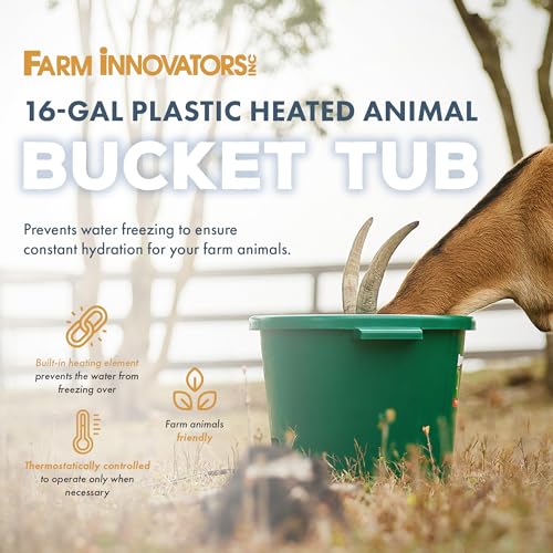 Farm Innovators Heated Water Bucket, 200W Heating Power - 16 Gallon Plastic Bucket with Replaceable Heating Element for Livestock Watering & Feeding | Thermostatically controlled to operate only when necessary, large 16-gallon capacity, anti-chew cord - c
