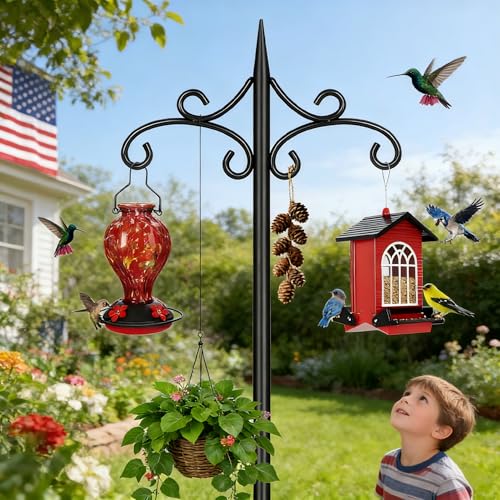 Double Shepherd Hook for Outdoor,72in Heavy Duty Bird Feeder Pole | 3/4” Steel Pole,5-Prong Stable Base,Adjustable Height,22lb Capacity,Perfect for Bird Feeder, Plant, Lantern,Rust Resistant