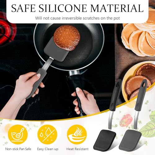 Silicone Cookie Spatula Turner 2 Pack Mini Brownie Spatula Flexible Kitchen Small Silicone Turner for Nonstick Cookware Heat Resistant No Scratch Flipper for Egg(Solid Flat,Black, Grey) - color: Black, Grey