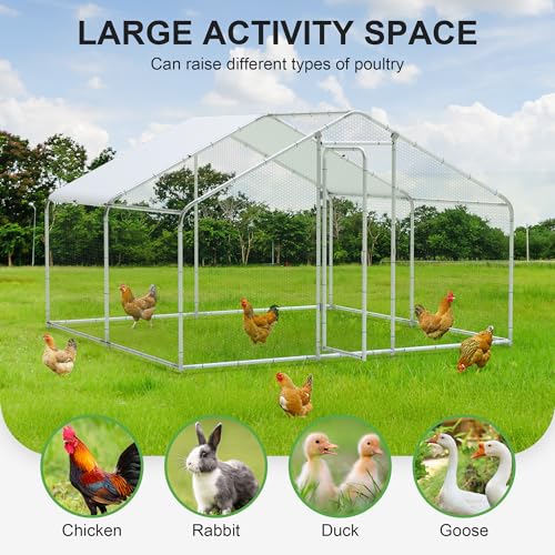 Large Metal Chicken Coop, 10'x10'x6.6' Walk-in Poultry Cage Outdoor Chicken Run Pen w/Waterproof & Anti-UV Cover, Hen House w/Security Lockable Door for Farm Backyard Duck Rabbit Cage Spire Roof - size: 120.0"L x 120.0"W x 79.0"H