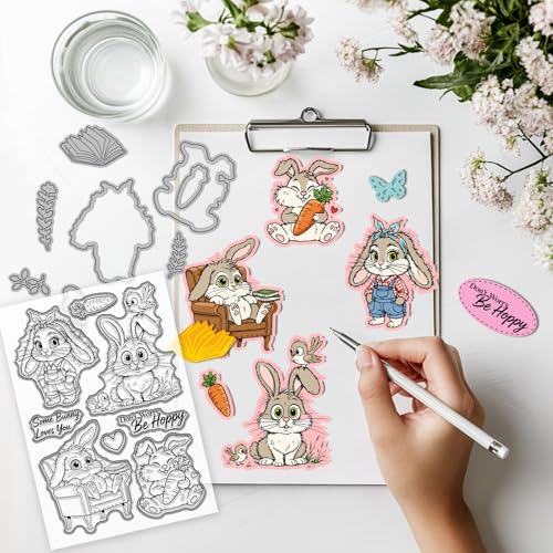 GLOBLELAND Easter Cartoon Rabbits Clear Stamps and Cutting Dies Set for Card Making Funny Bunny Silicone Transparent Stamp Easter Die Cuts for DIY Scrapbooking Embossing Photo Album - style: Cartoon Rabbits