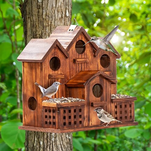 MIXUMON Bird House Outdoor with Feeder, 6-Room Wooden Birdhouse for Outdoors & Outside, Carbonized Pine Wood Bird Houses with 1.57” Entrance & Easy Clean-Out Doors - color: Carbonize